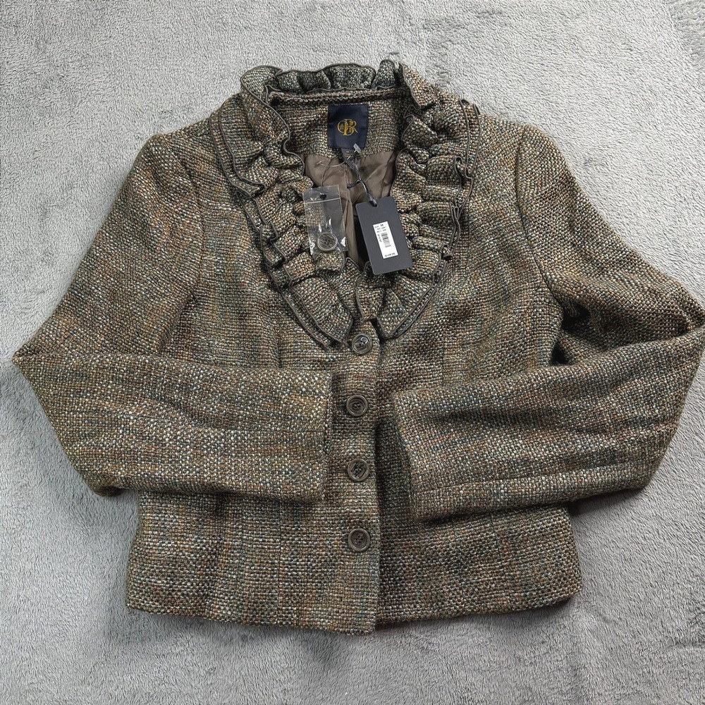 NWT Outback Red Womens Wool Blend Tweed Ruffle Collar Jacket Brown Size Medium‎